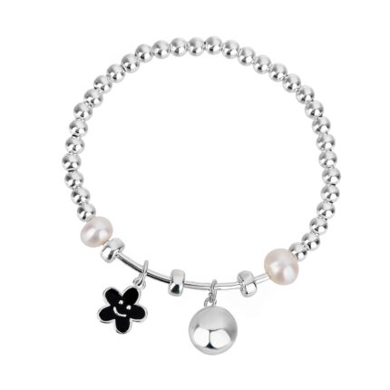 Smiley Flower 925 Sterling Silver Adjustable Bracelet with Baroque Pearls Women’s Fashion Style Gift for Her